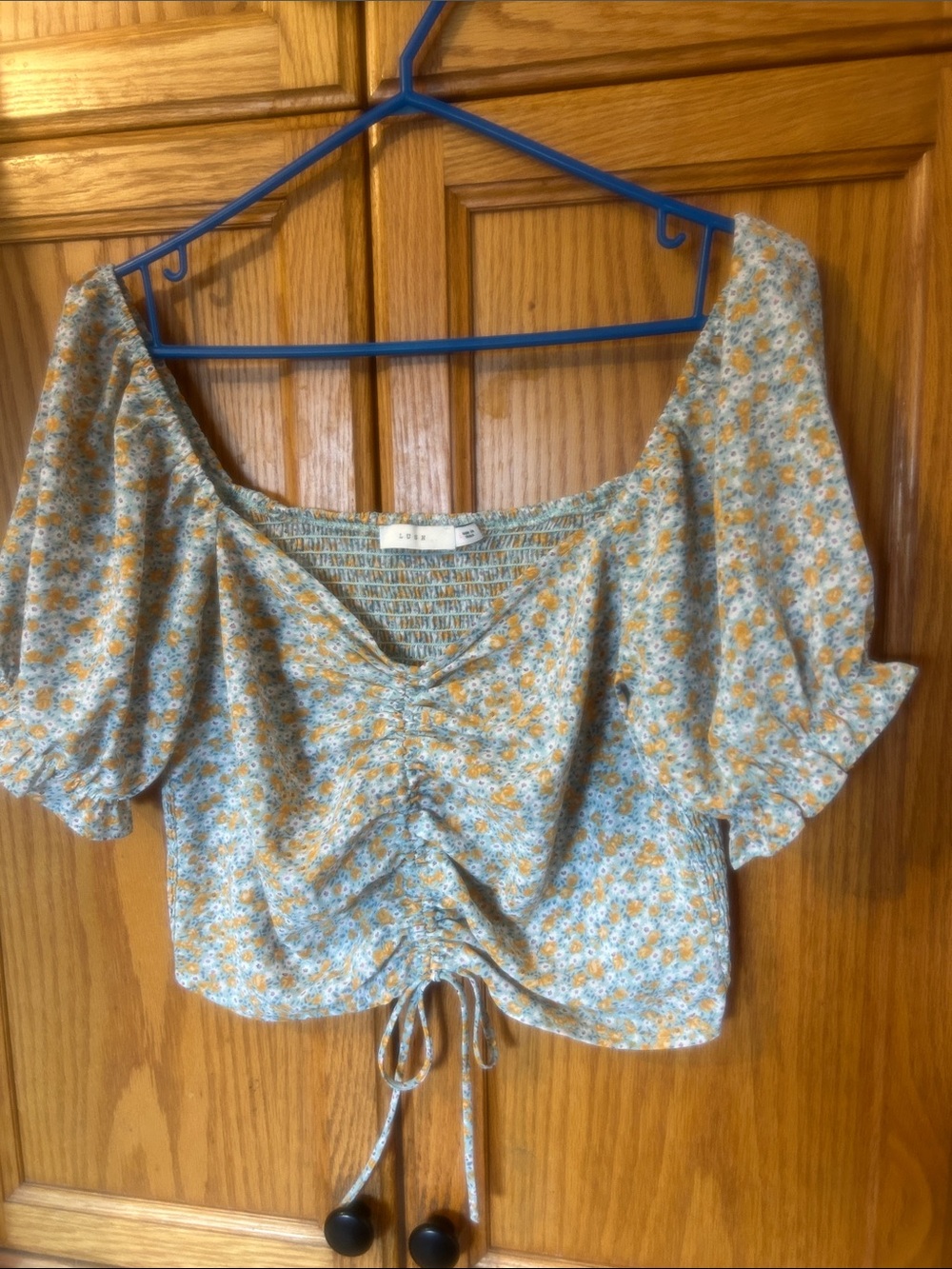 Lush Blue & Yellow Floral Drawstring Puff-Sleeve Crop Top